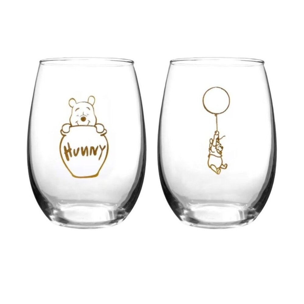 Disney Winnie the Pooh Stemless Glasses Set of 2 Gold Line Art New (Box Damage)